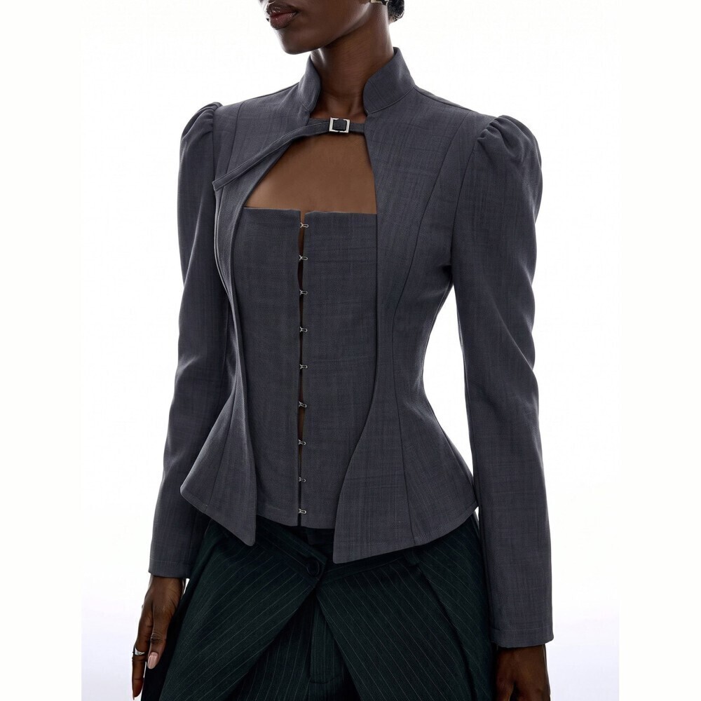 Charcoal Gray Hook-and-Eye Front Sweetheart Cutout Mock Neck Peplum Blazer
